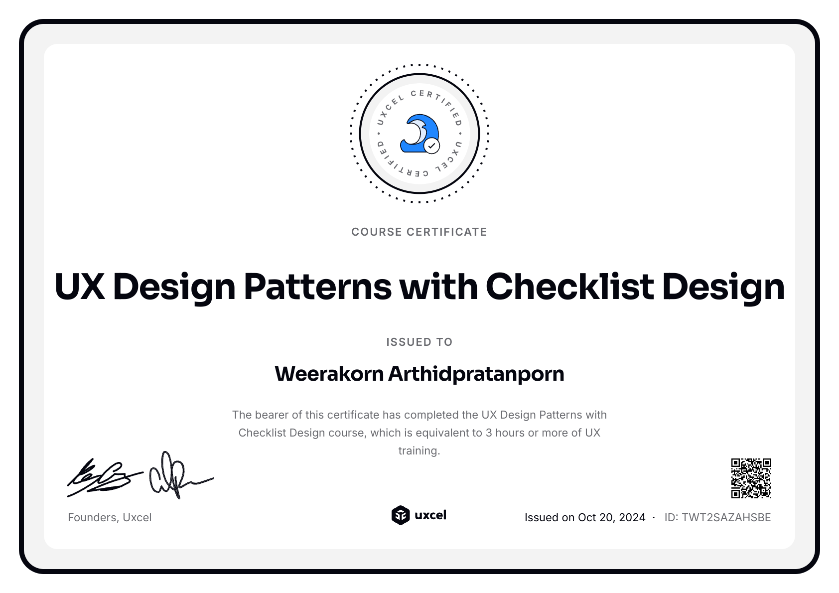 Weerakorn Arthidpratanporn's certificate
